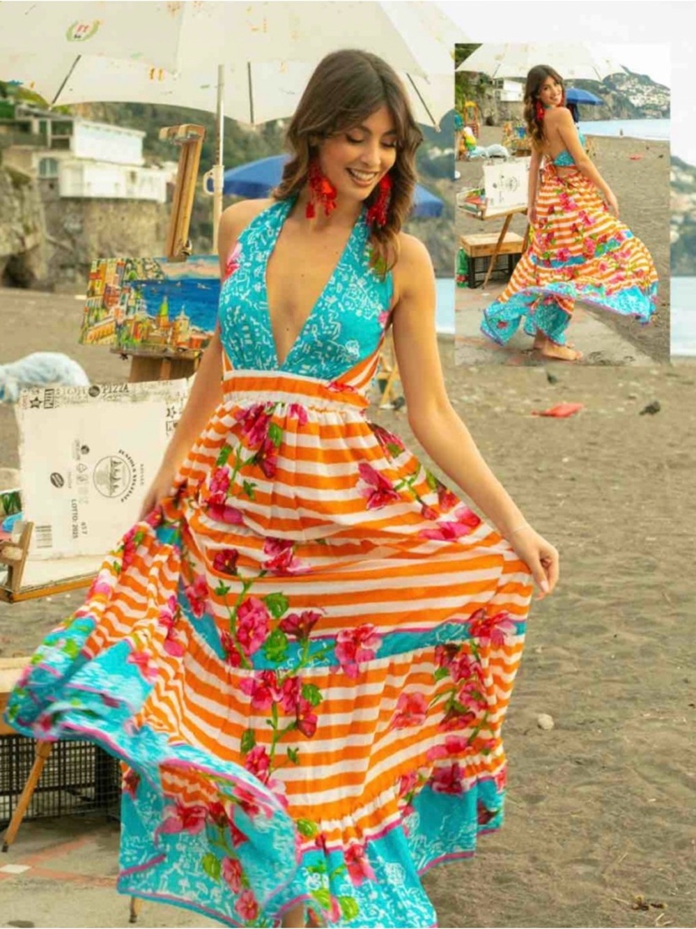 Antica Sartoria Boho Halter Maxi Dress in Orange Stripe & Turquoise Floral NWT